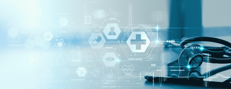 환자의 가상 전자 의료 기록이 있는 청진기와 디지털 태블릿 클로즈업