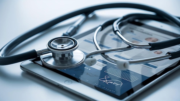 Close up of a stethoscope and digital tablet with virtual electronic medical record of patient