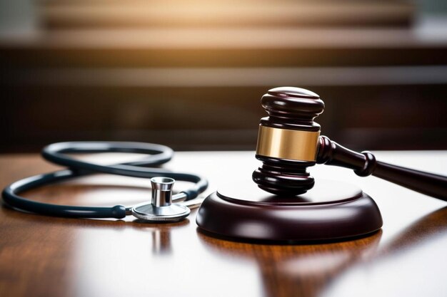 close up of stethoscope and mallet on wooden desk in courtroom