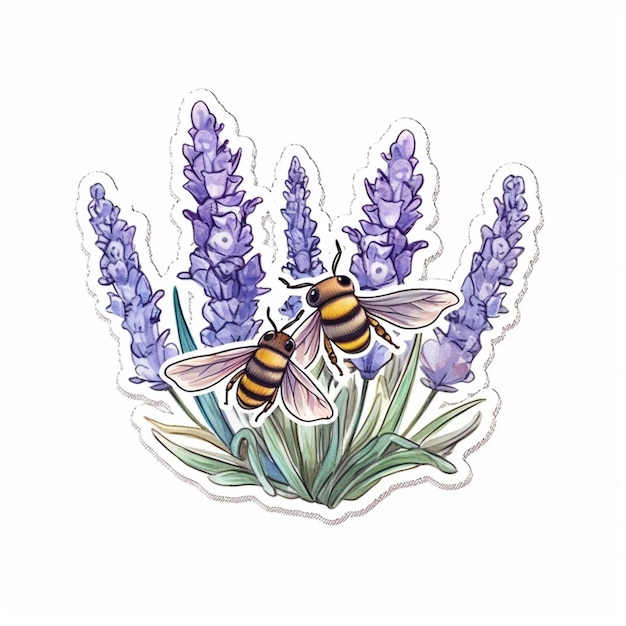 a close up of a sticker of a bee and lavender flowers generative ai