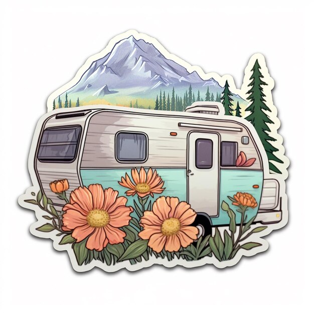 Photo a close up of a sticker of a camper with flowers generative ai