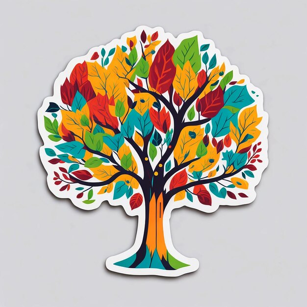 A close up of sticker colorful tree illustration on white background