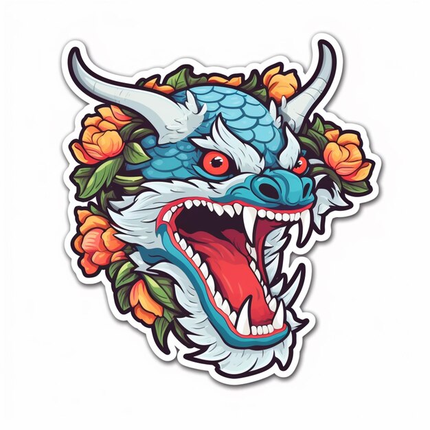 A close up of a sticker of a dragon with flowers generative ai