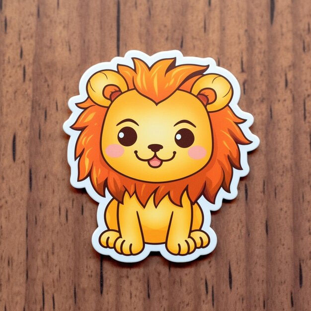 Photo a close up of a sticker of a lion on a wooden surface generative ai