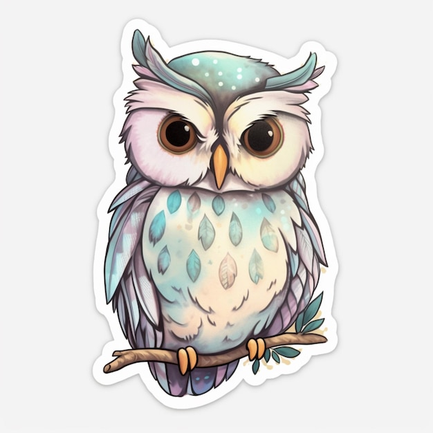 a close up of a sticker of an owl on a branch generative ai