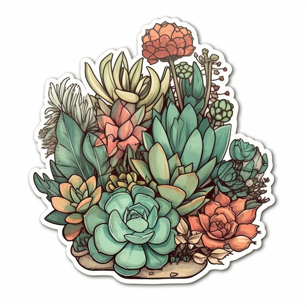 Photo a close up of a sticker of a potted plant with succulents generative ai