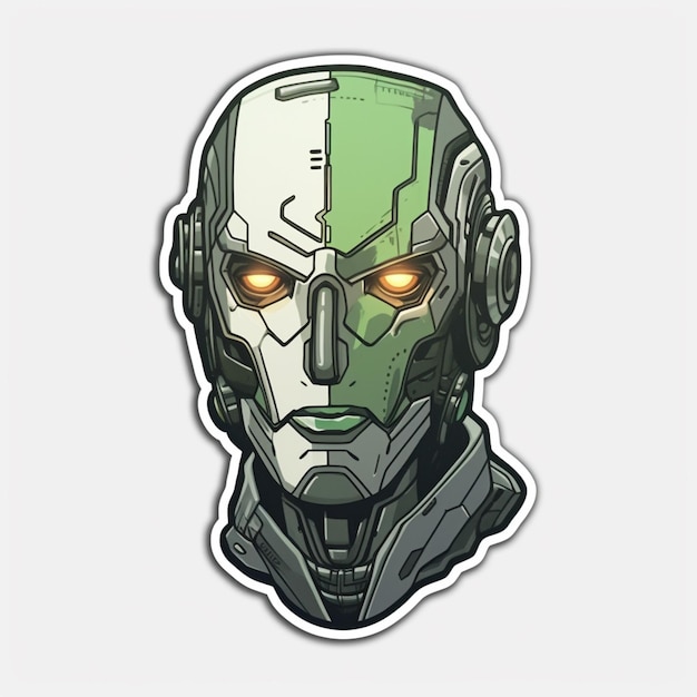 a close up of a sticker of a robot with glowing eyes generative ai