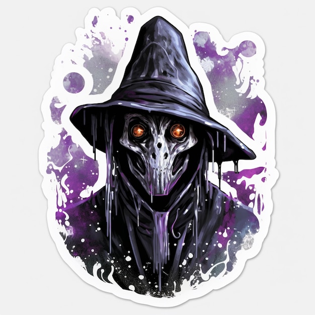 a close up of a sticker with a creepy looking mask and a hat generative ai