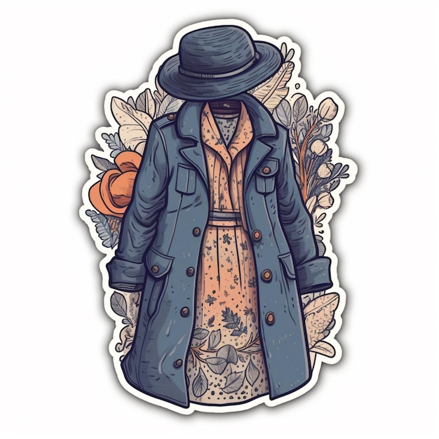 A close up of a sticker of a woman wearing a hat and coat generative ai