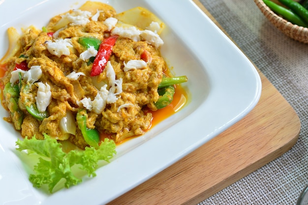 Close up stir fried crab meat with curry