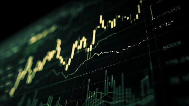 Photo close up of a stock market chart showing the rise and fall of stock prices over time