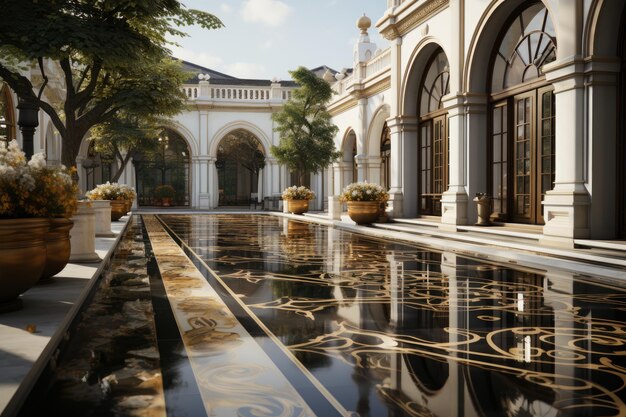 A close up stock photo of a 3d rendering of a large palatial exterior