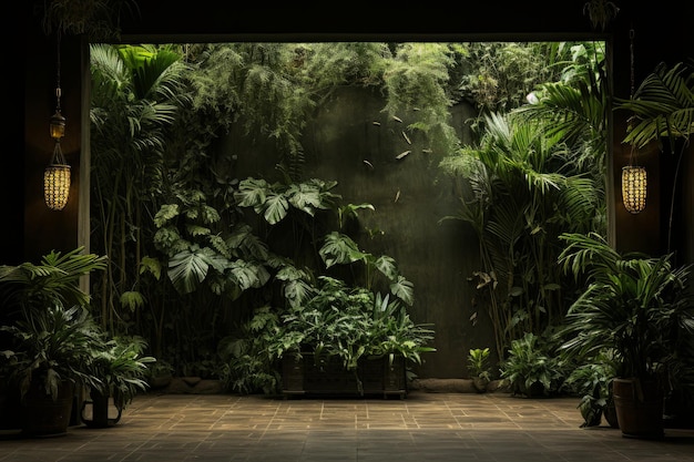 A close up stock photo of a an architectural view of an overgrown plant garden in the driveway i