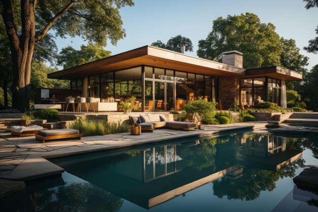 A close up stock photo of a contemporary home with lounge and pool