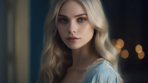 A close up stock photo of a an elegant young woman with long blonde hair