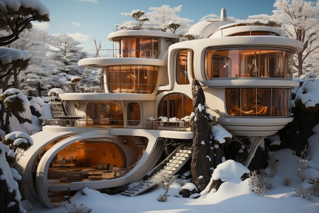 Photo a close up stock photo of a a futuristic style house set in the snow