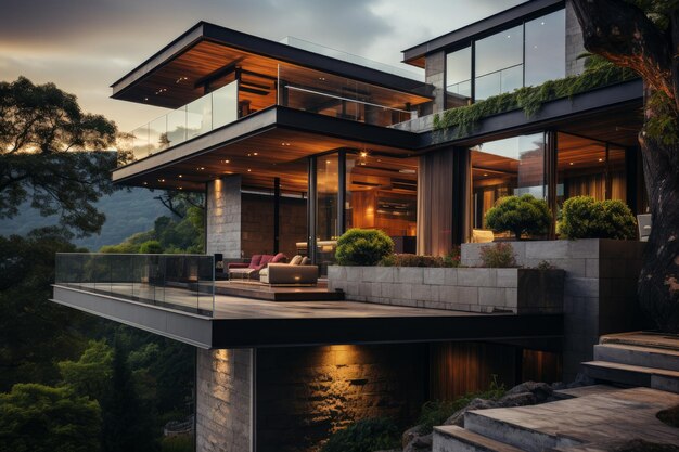 A close up stock photo of a modern home villa by tamira in the mountains