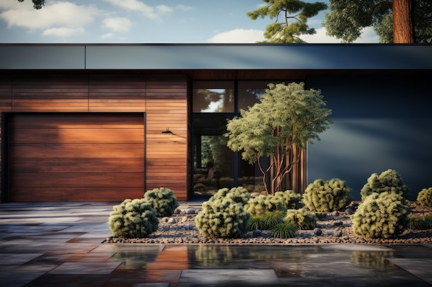 A close up stock photo of a modern house with brown exterior and a brown wall