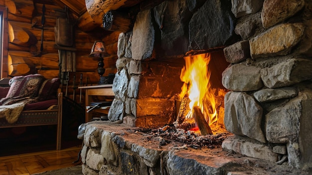 close up of stone fireplace in log cabin with blazing fire Generative Ai