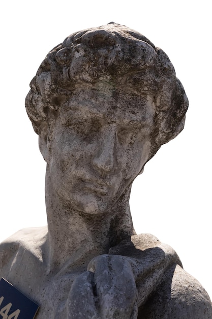 Close up of stone sculpture of man on white background