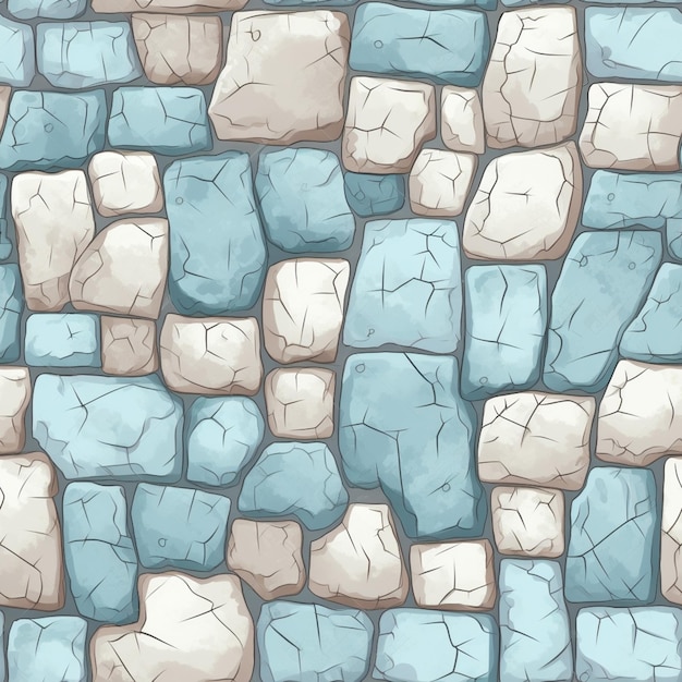 Photo a close up of a stone wall with a blue and white pattern generative ai