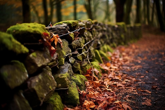 A close up of a stone wall with a red and white bird