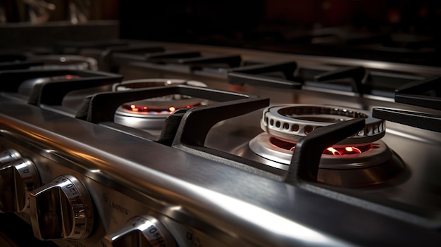 a close up of a stove with a red light on it