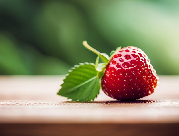 Close-up straberry met blad op de houten tafel gemaakt met generatieve AI-technologie