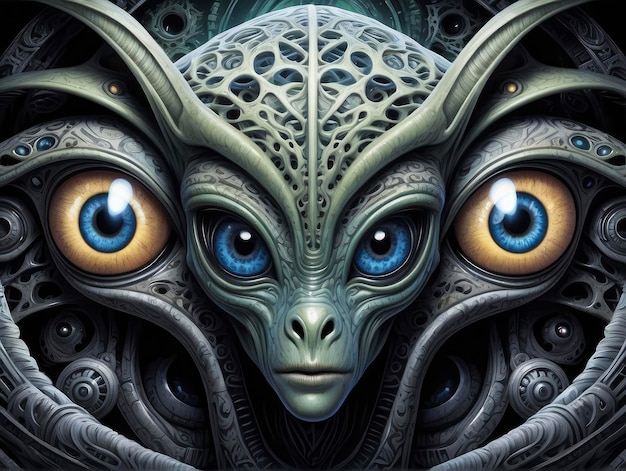 a close up of a strange looking alien face with blue eyes and a strange looking alien face