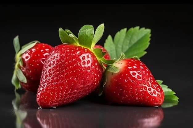 A close up of strawberries on a black background