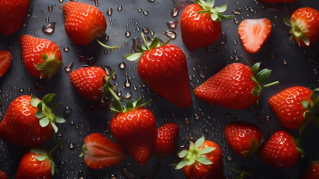 A close up of strawberries on a black background