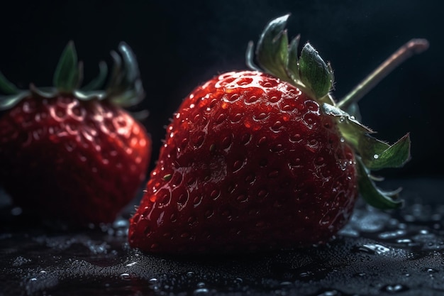 A close up of strawberries on a black background