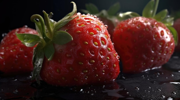 A close up of strawberries on a black surface