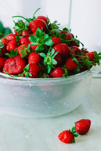 Close-up of strawberries in bowl on table