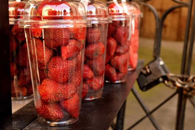 Close-up of strawberries in glass jar