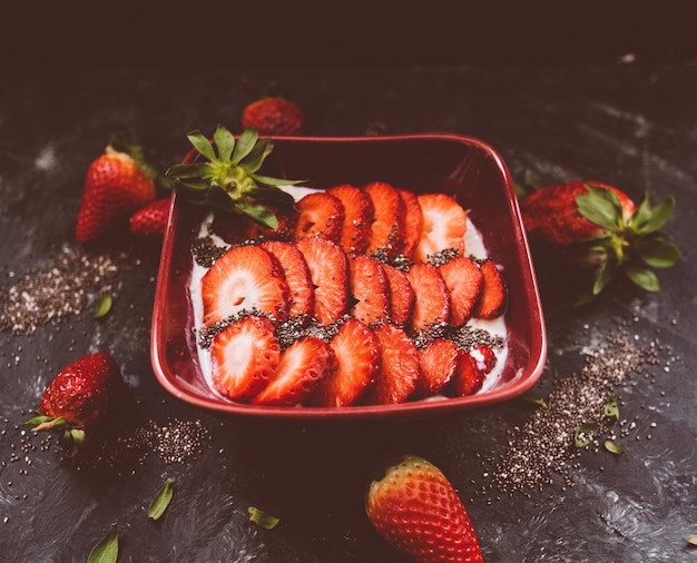 close-up of strawberries in plate on table
