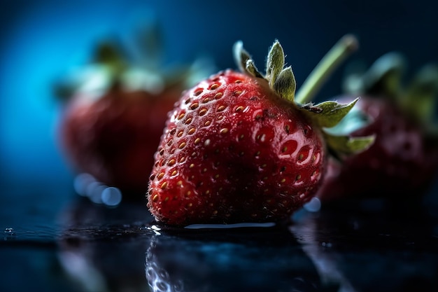 A close up of a strawberry on a black surface