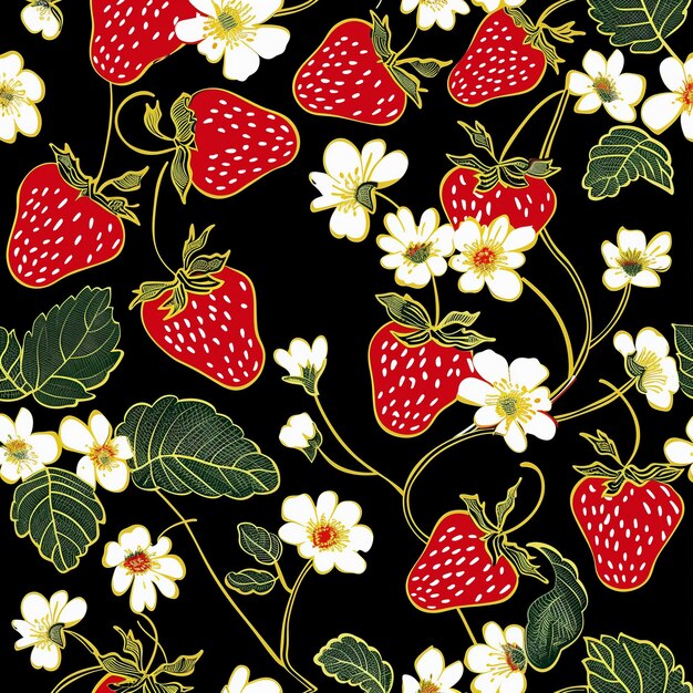 Photo a close up of a strawberry and flower pattern on a black background generative ai