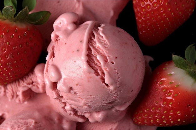 A close up of a strawberry ice cream with a few strawberries on the side.