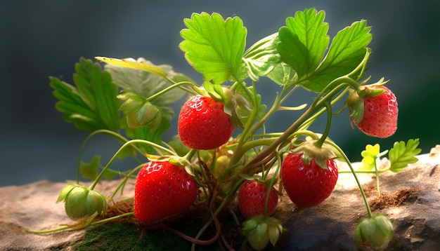 A close up of a strawberry plant with green leaves