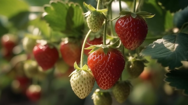 A close up of a strawberry plant with the word strawberry on it