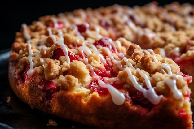 Photo close up of a strawberry rhubarb cake with streusel topping