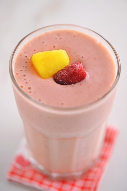 Close-up of strawberry slices in glass