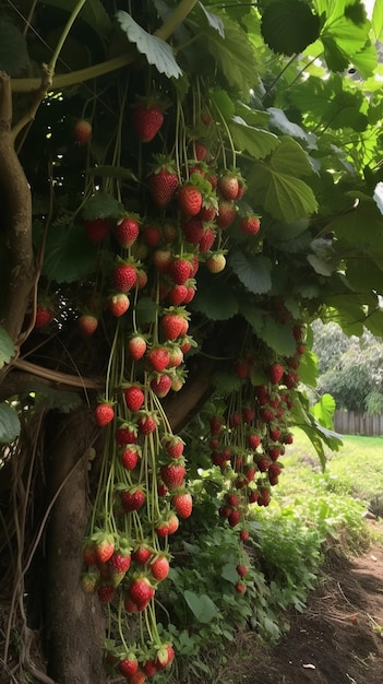 A close up of a strawberry tree with the red fruit hanging from the branches.