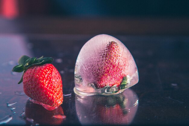 close-up of strawberry in water