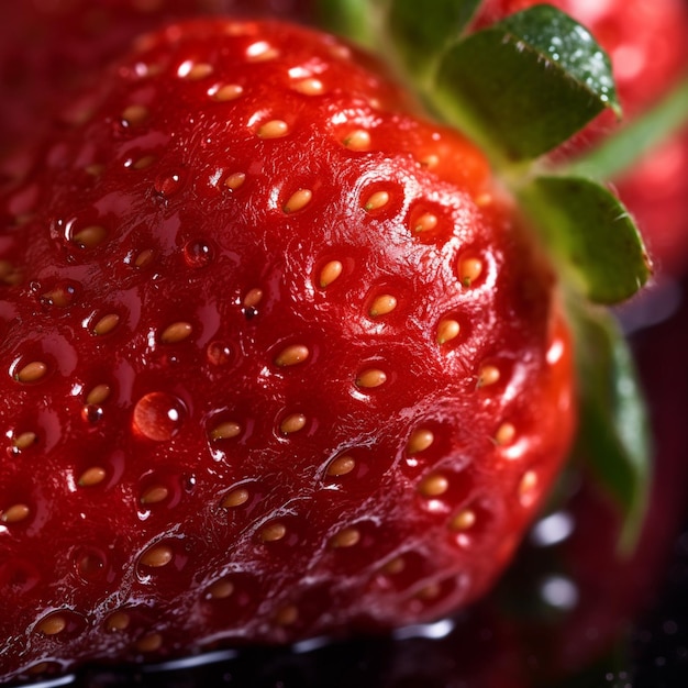 A close up of a strawberry with the green stem