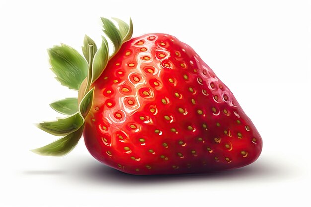 A close up of a strawberry with a leaf on it