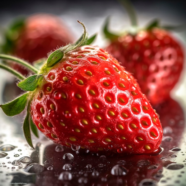 A close up of a strawberry with the top half of it