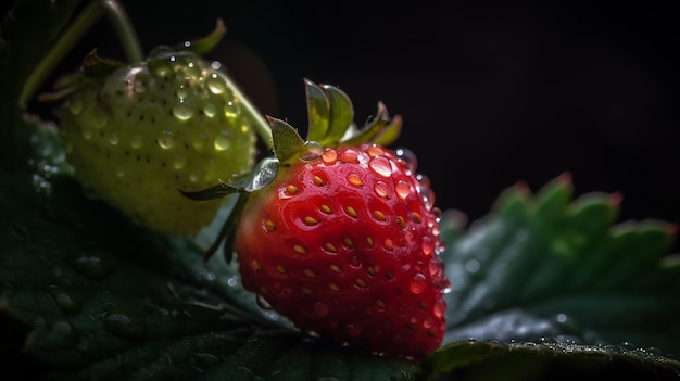 A close up of a strawberry with water droplets on it