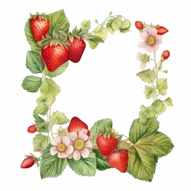 a close up of a strawberry wreath with leaves and flowers generative ai